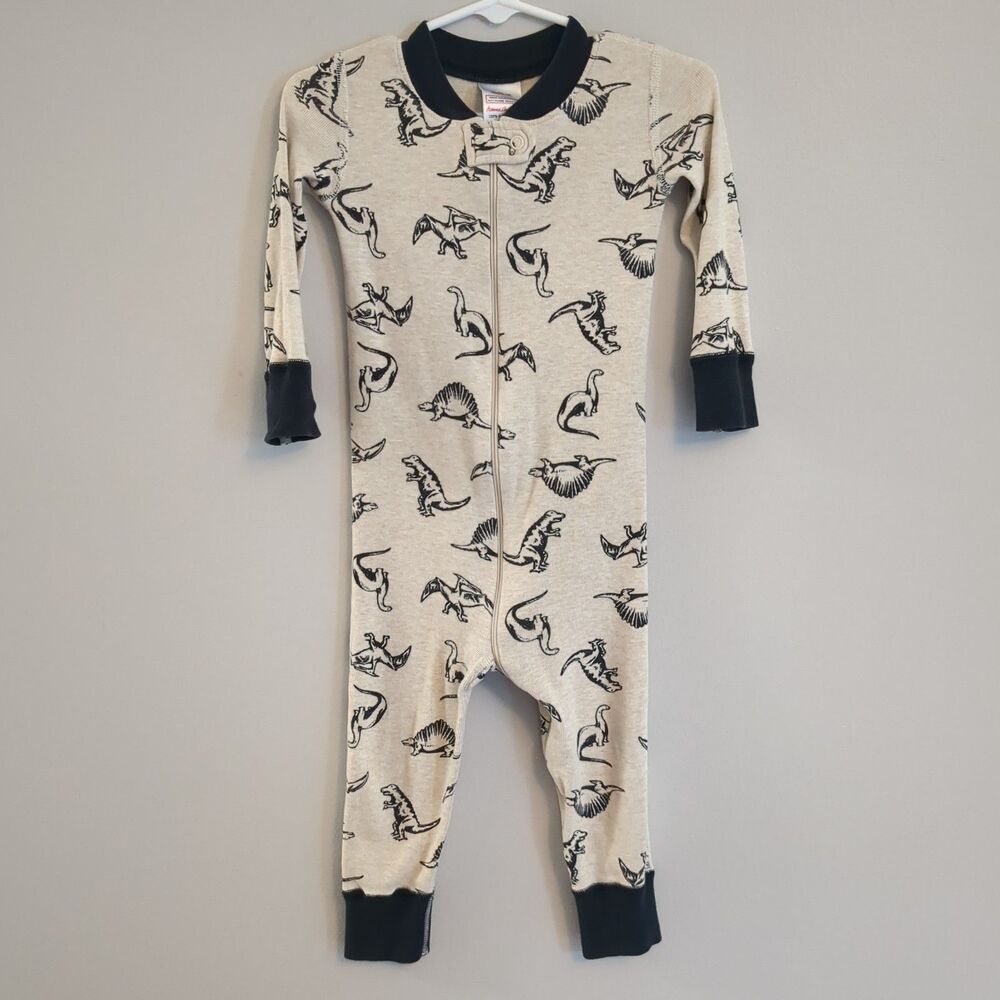 Hanna Andersson Oatmeal Black Dinosaur Sleeper Pajamas Organic Cotton 80 18-24M